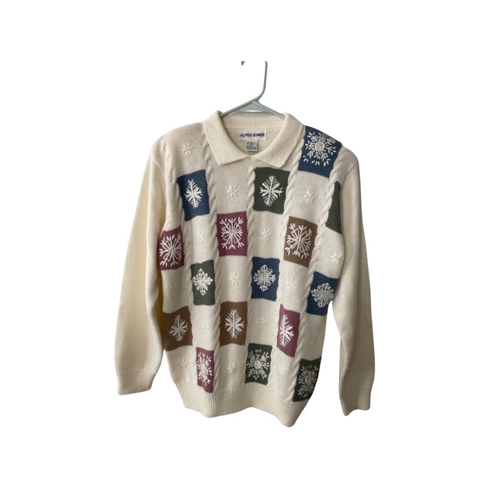 Alfred Dunner Winter White Frozen Snowflake Sweater w Collar M Washable
